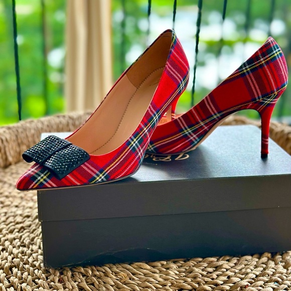 J. Crew Red Plaid Heels with Bow Detail - Picture 1 of 7